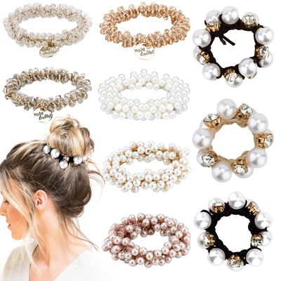 Ahoney 9Pcs Pearl Hair Ties Elastic Hair Scrunchies Hold Crystal Beads Bulk Hair Ropes Stretchy Handmade Boho Hair Accessories for Women Girls (Pearl&amp;Crystal)