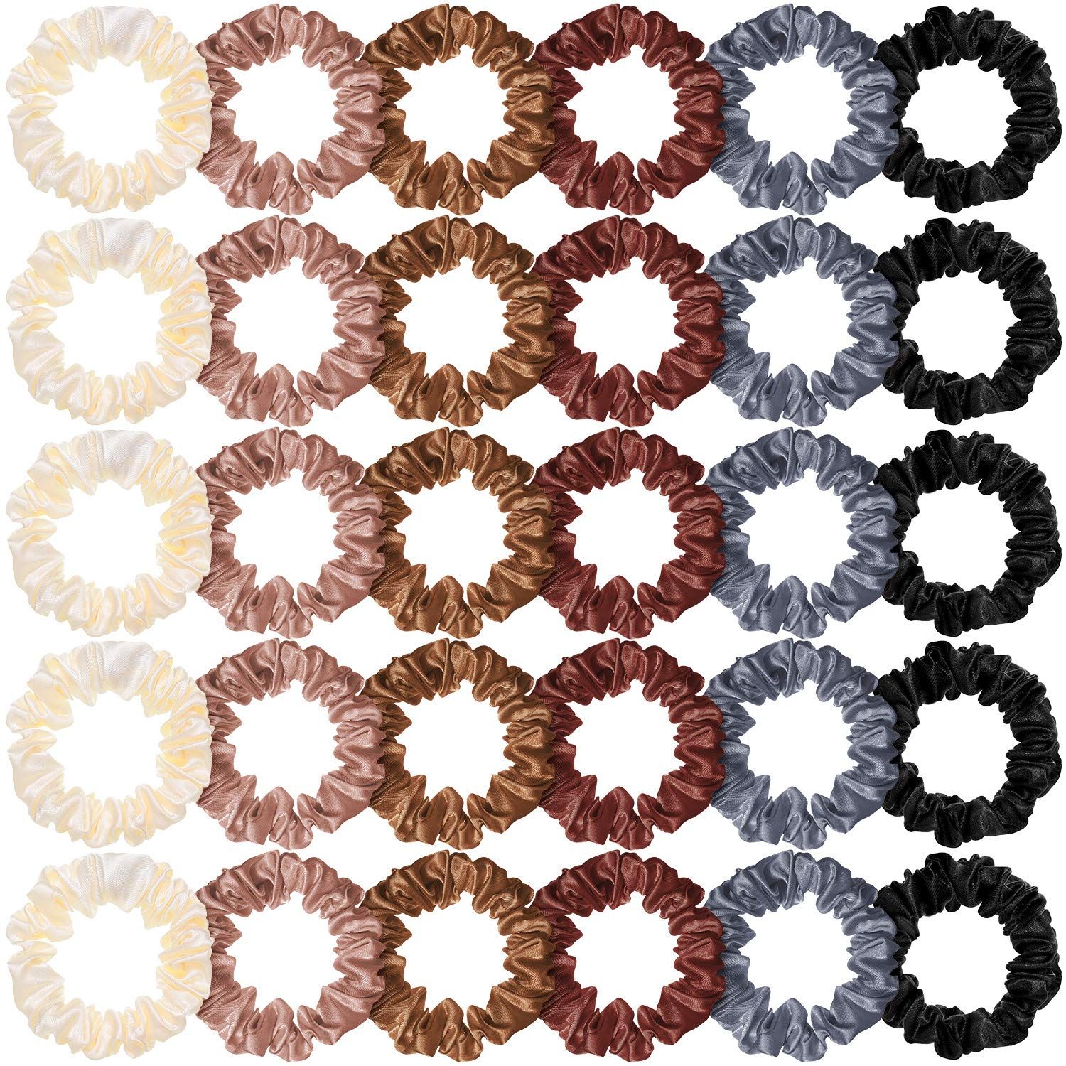 WILLBOND 30 Pcs Small Satin Silk Scrunchies Bulk for Women, Thin Hair Ties Mini Scrunchy Bands Skinny Ponytail Holders for Thick Curly Hair Pony Tails Wrist Decor(Colorful)