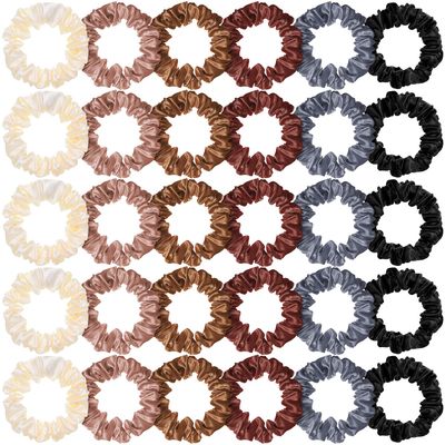 WILLBOND 30 Pcs Small Satin Silk Scrunchies Bulk for Women, Thin Hair Ties Mini Scrunchy Bands Skinny Ponytail Holders for Thick Curly Hair Pony Tails Wrist Decor(Colorful)