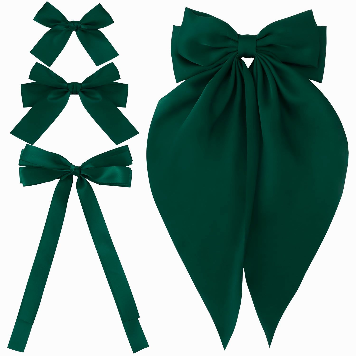 4pcs Small Hair Bow Clips for Women Girls Green Silky Satin Hair Ribbon Large Bows for Hair Different Sizes Bowknot Alligator Clips Hair Bow Barrettes Oversized Long-tail Aesthetic Hair Accessories