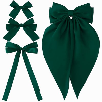 4pcs Small Hair Bow Clips for Women Girls Green Silky Satin Hair Ribbon Large Bows for Hair Different Sizes Bowknot Alligator Clips Hair Bow Barrettes Oversized Long-tail Aesthetic Hair Accessories