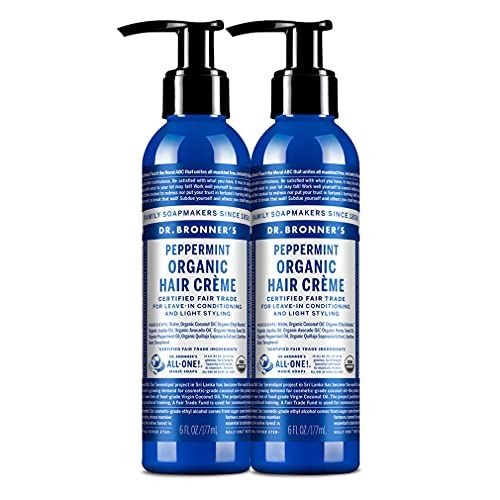 Dr. Bronner&#39;s - Organic Hair Crme (Peppermint, 6 Ounce, 2-Pack) - Leave-In Conditioner and Styling Cream, Made with Organic Oils, Hair Cream Supports Shine and Strength, Nourishes Scalp, Non-GMO