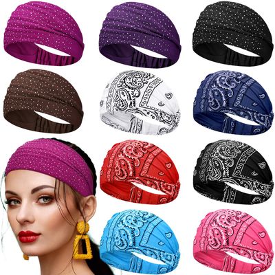 WILLBOND 10 Pcs Wide Bandana Headbands for Women Boho Paisley Crystal Headbands Workout Hairband Bling Rhinestone Headwrap Stretchy Turban Hairband for Sports Running Yoga Cycling Climbing