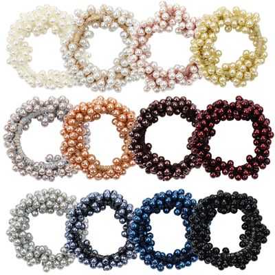 Dizila 12 Pack Stretchy Bling Glitter Sparkly Pearl Hair Ties Scrunchies Beaded Hair Elastics Decorative Thin Thick Hair Ponytail Holders Bracelet Hair Ropes Bands Beautiful Accessories for Women Girl