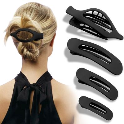 Velscrun Flat Hair Clips for Women Girls Thick Thin Hair, Black French Concord Large Alligator Duck Billed Hair Claw Clips, 4Pcs Varisized Matte Lay Down Side Hair Clips Hair Accessories
