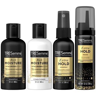 TRESemm Travel Shampoo, Conditioner, Hairspray &amp; Hair Mousse - Rich Moisture Hair Products + Non-Aerosol Hair Spray &amp; Alcohol-Free Mousse, 24H Frizz Control (4 Piece Set)