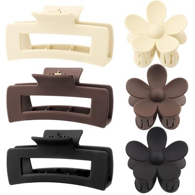 XBllcyiv 6 Pack Hair Clip Set, Includes 3 Pack Mini Matte Flower Claw Clips for Women, 3 Pack Large Rectangle Clips for Thick Hair, Black Brown Series