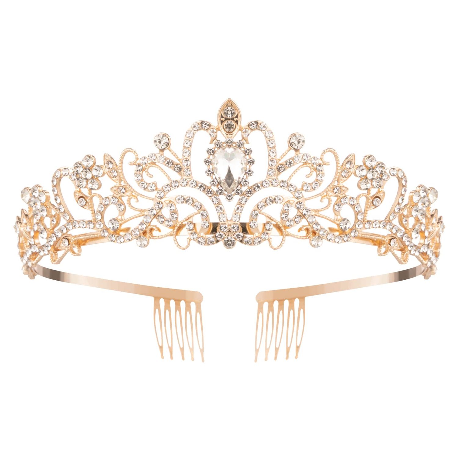 Gold Crystal Crowns Tiara for Women, Girls Elegant Princess Rhinestone Crown with Combs, Bridal Wedding Headbands Prom Birthday Party Halloween Hair Accessories Jewelry Gifts for Women Girls
