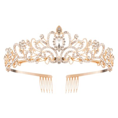 Gold Crystal Crowns Tiara for Women, Girls Elegant Princess Rhinestone Crown with Combs, Bridal Wedding Headbands Prom Birthday Party Halloween Hair Accessories Jewelry Gifts for Women Girls