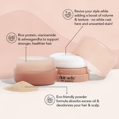 Kitsch Dry Shampoo Powder with Rice Protein for Women & Men - Unscented, Volumizing, No White Cast,Organic, Paraben Free & Benzene Free, Non Aerosol for Oily and Light Hair, Travel Size - 8g