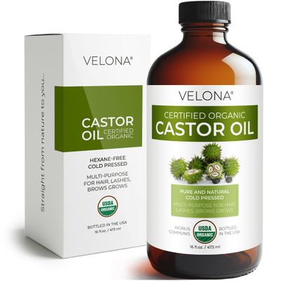 velona USDA Certified Organic Castor Oil - 16 Fl Oz in Glass Bottle | Golden, Virgin For Hair Growth, Boost Eyelashes, Eyebrows | Cold pressed, Natural Oil, USP Grade | Hexane Free, Lash Serum, Caster