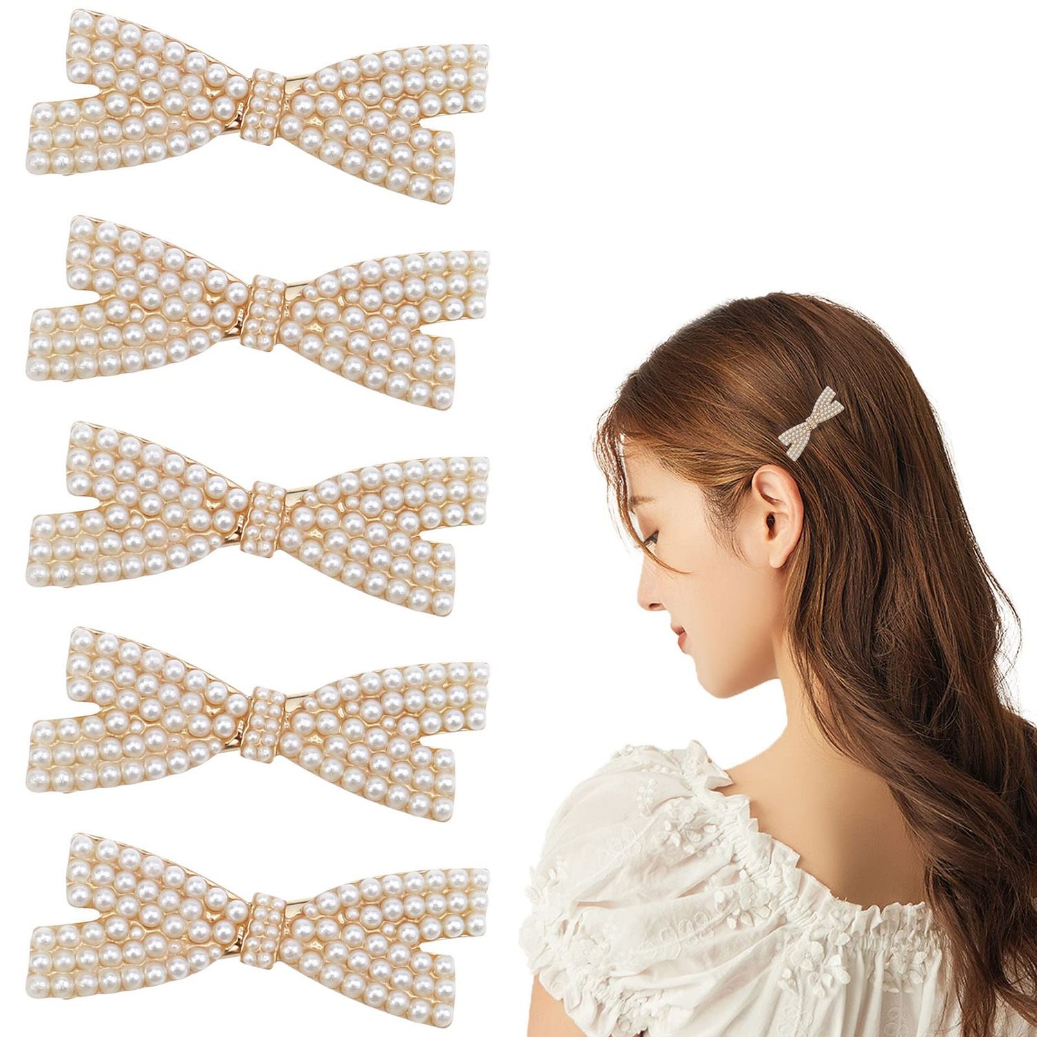 5 Pcs Pearl Bow Hair Clips Duckbill Hair Claw Clips Gold Metal Hair Clip Elegant Cute Hair Pins Hair Accessories Headwear Styling Tools Gifts for Little Girls Women