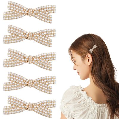 5 Pcs Pearl Bow Hair Clips Duckbill Hair Claw Clips Gold Metal Hair Clip Elegant Cute Hair Pins Hair Accessories Headwear Styling Tools Gifts for Little Girls Women