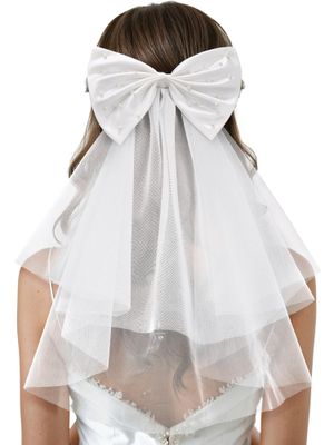 SWEETV Bridal Hair Bow Veil White Bow Clip Bachelorette Party Decorations Pearl Accessories Bride to Be Bridal Shower Gift