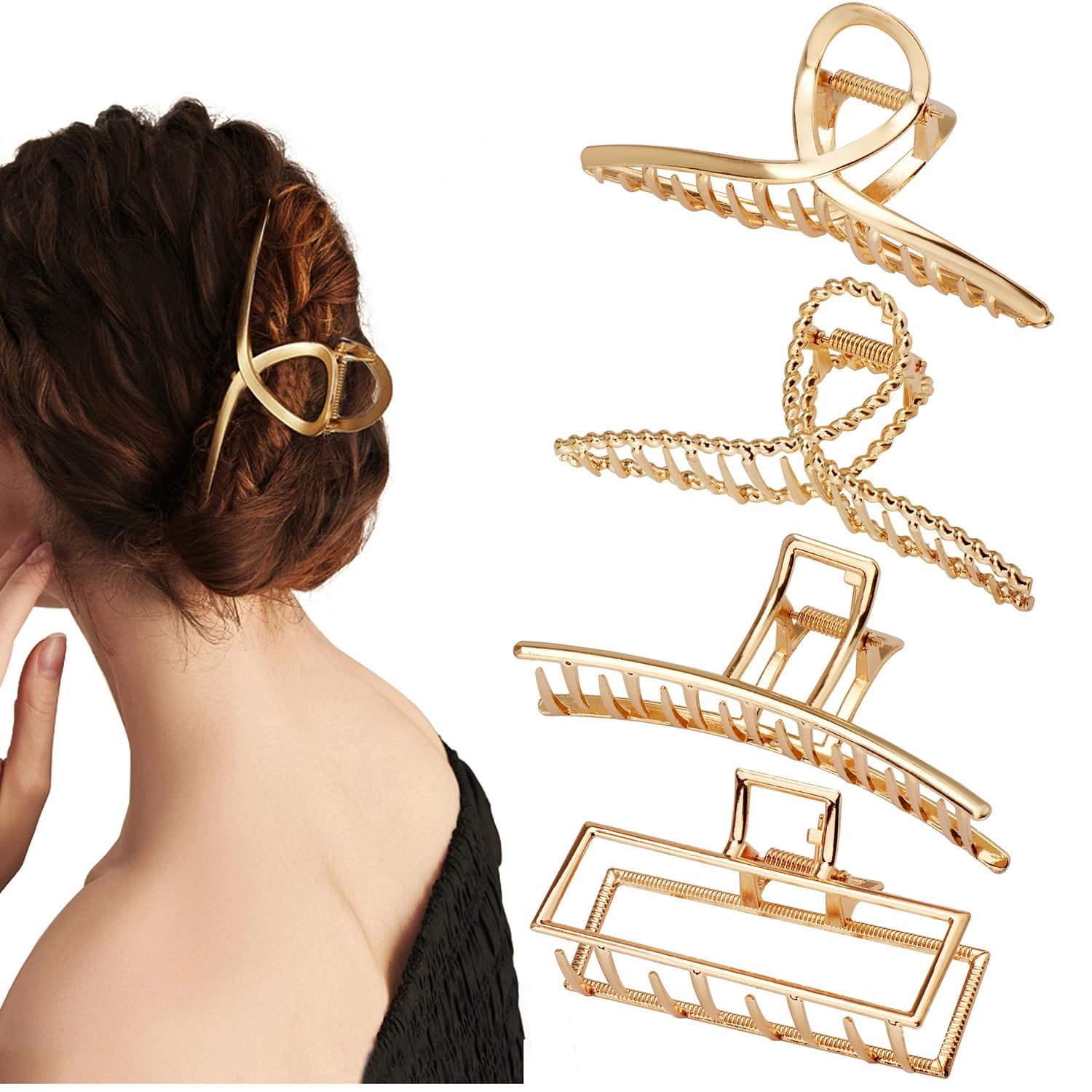 Parcce 4 Pack Large Metal Hair Clips for Thin to Thick Curly Hair, 4.3 Inch Big Nonslip Gold Color Clamps, Perfect Fashion Jaw Claw Hair Styling Accessories for Women and Girls, Christmas Gifts