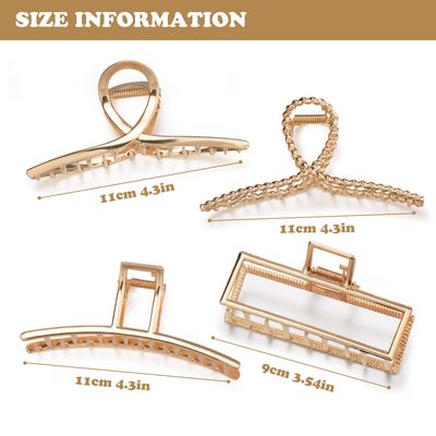 Parcce 4 Pack Large Metal Hair Clips for Thin to Thick Curly Hair, 4.3 Inch Big Nonslip Gold Color Clamps, Perfect Fashion Jaw Claw Hair Styling Accessories for Women and Girls, Christmas Gifts