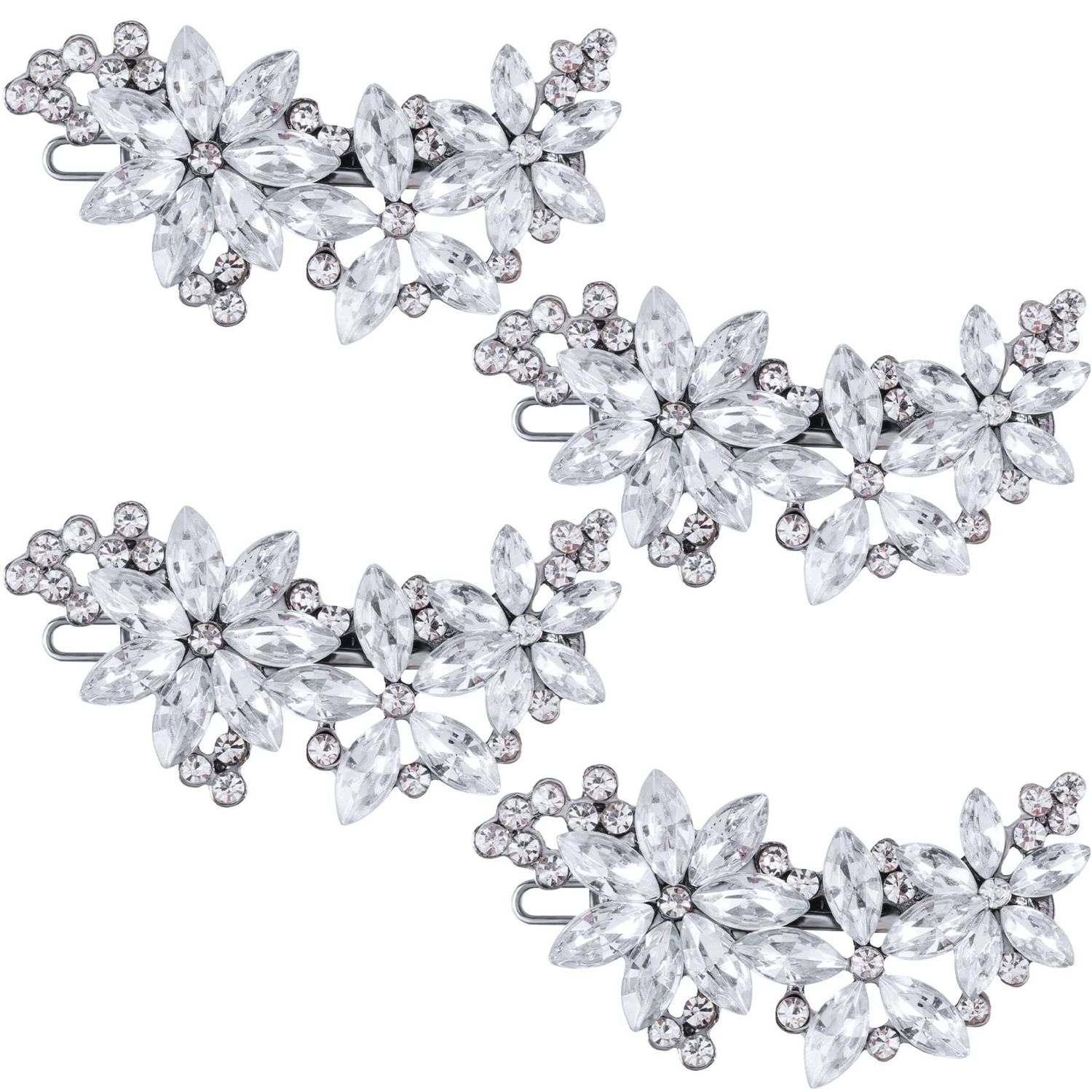 PAGOW Crystal Flower Bridal Hair Clips, 4Pcs Silver, Elegant Hair Accessories for Women, Girls, Brides, Wedding, Party