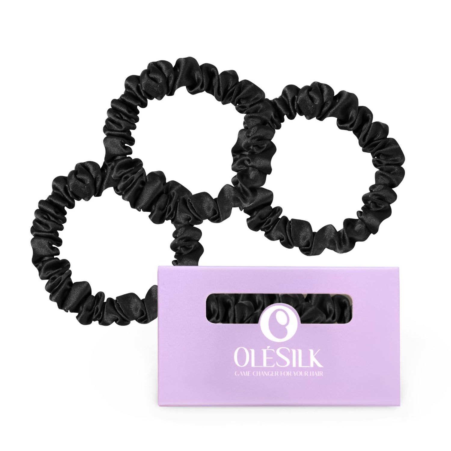 OLESILK Silk Hair Ties for Women: 100% Mulberry Skinny Silk Scrunchies, Soft Smooth No Damage No Crease for Thin Fine Curly Hair 3 Pack, Black