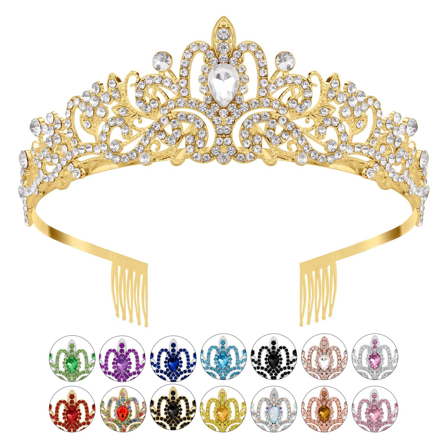 Gold Crown, Crystal Tiaras Rhinestone Headbands for Women Happy Birthday Princess Crown with Combs Elegant Headdress Decorations for Christmas Bridal Wedding Prom Party Costumes Gifts
