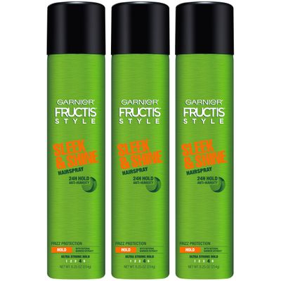 Garnier Fructis Style Sleek and Shine Anti-Humidity Hairspray, Ultra Strong Hold, Frizz Protection 8.25 Oz, 3 Count (Packaging May Vary)
