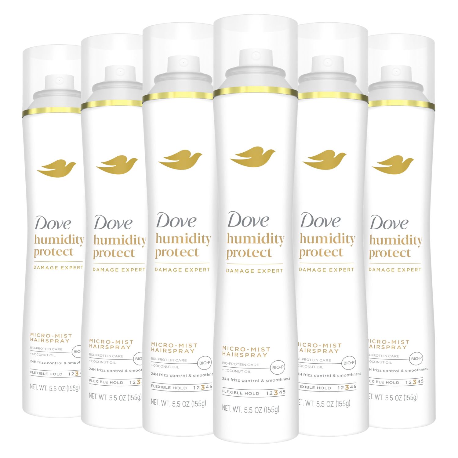 Dove Flexible Hold Hairspray Humidity Protect Micro-Mist Pack of 6 for Long-lasting Hold, All-day Flexible Hold for 24H Frizz Control 5.5 oz