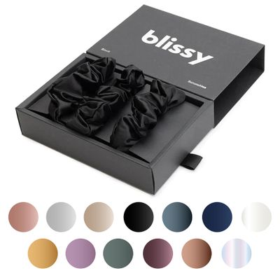 Blissy Silk Scrunchies (3 Pack) - 100% Pure Mulberry Silk - 22 Momme 6A High-Grade Fibers - Silk Scrunchie for Straight &amp; Curly Hair - Preventing Breakage, Tangling, &amp; Creasing (Black Regular)
