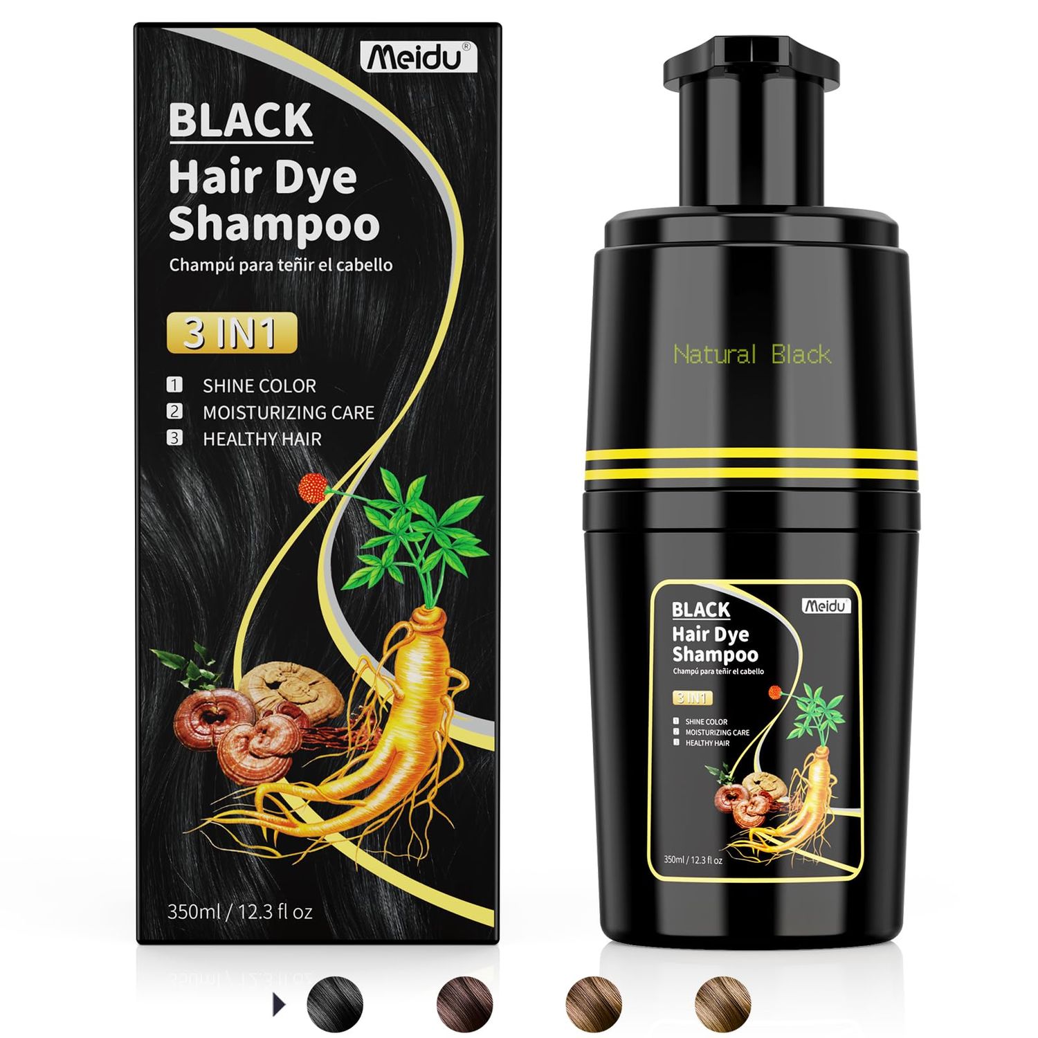 Black Hair Dye Shampoo 3 in 1, Hair Color Shampoo for Cover Grey Hair, Natural with Herbal Ingredient for Men and Women (MEIDU Black)