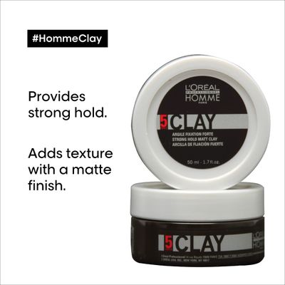 L'Oreal Professionnel Mens Styling Clay - For All Hair Types, Provides Strong Hold and Matte Finish