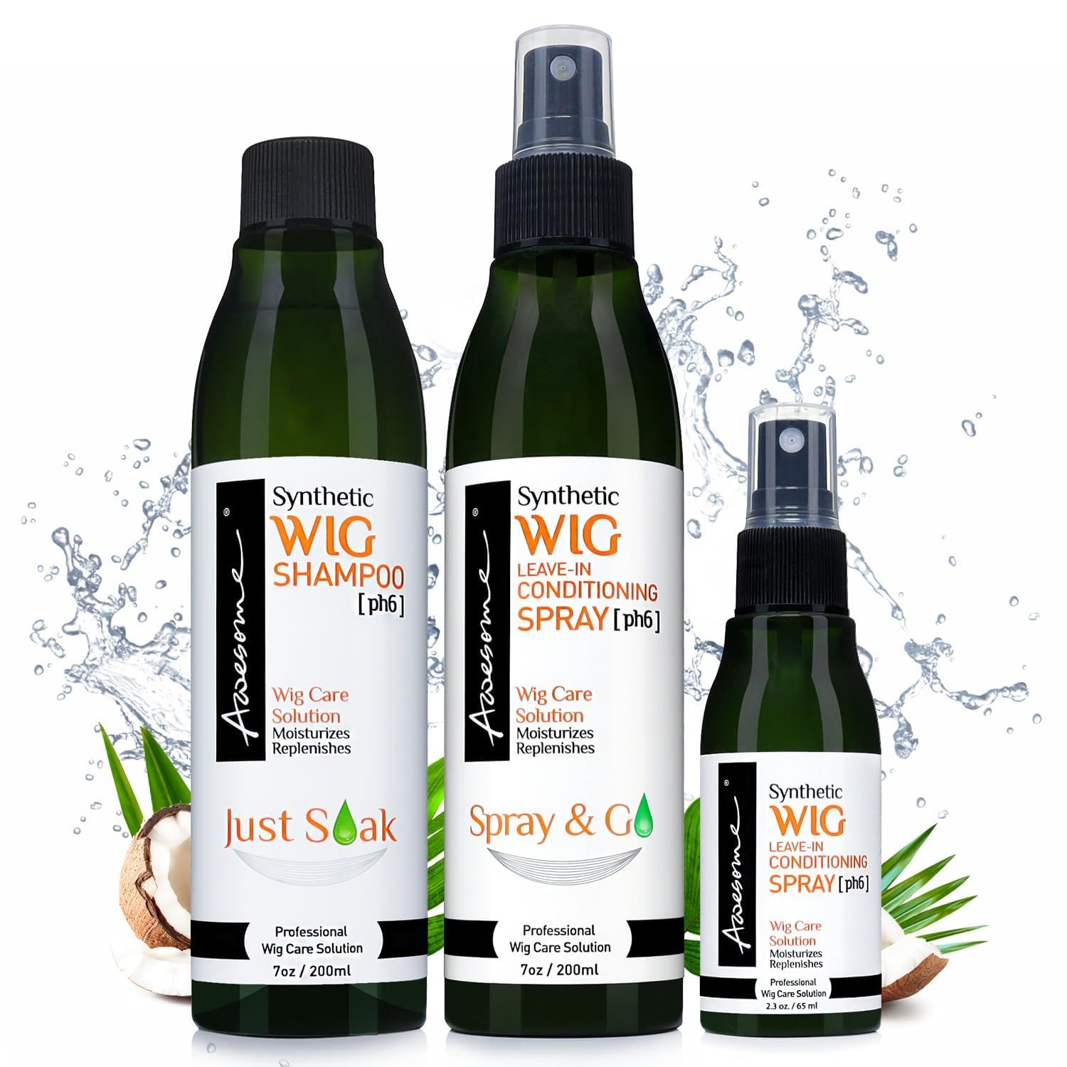 Awesome Synthetic Wig Shampoo &amp; Leave in Conditioner Spray, pH6, Replenishes &amp; Easy Combing, Contains Coconut Oil (Premium Set of 3)