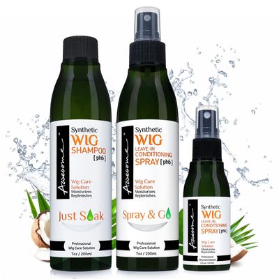 Awesome Synthetic Wig Shampoo &amp; Leave in Conditioner Spray, pH6, Replenishes &amp; Easy Combing, Contains Coconut Oil (Premium Set of 3)