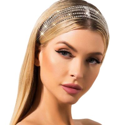 Jeairts Rhinestone Head Chain Forehead Bridal Headband Elastic Crystal Hair Band Halloween Prom Hair Jewelry for Women (1-Silver)