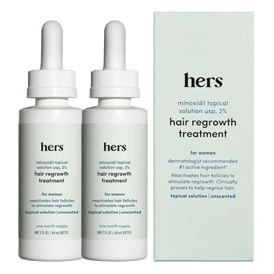 hers Topical Minoxidil Solution, 2% - Hair Growth Treatment for Women - Clinically Proven to Reduce Hair Loss in 3-6 Months - Unscented - 2 Pack, 2 Month Supply