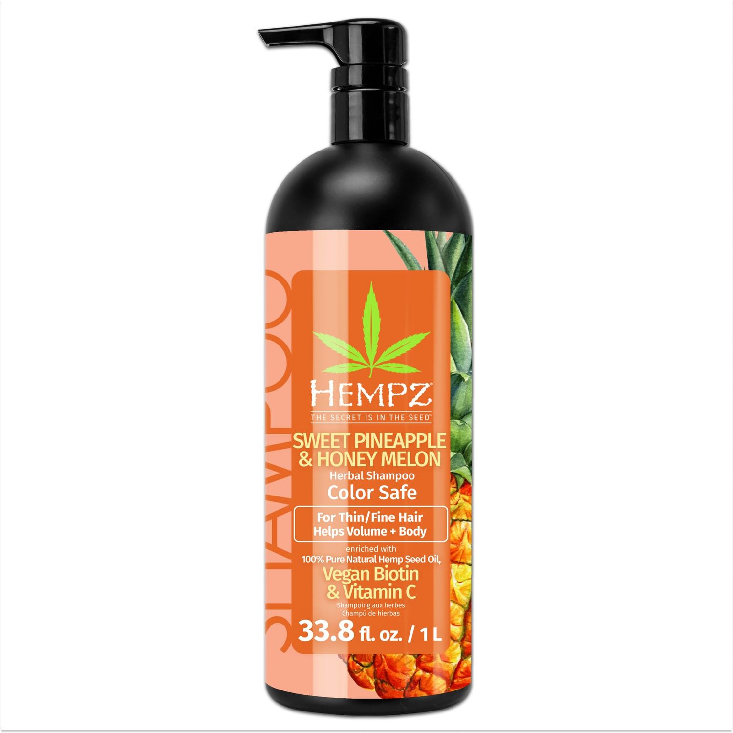 Hempz Biotin Hair Shampoo - Sweet Pineapple &amp; Honey Melon - For Thin/Fine Hair Growth &amp; Strengthening of Dry, Damaged and Color Treated Hair, Hydrating, Softening, Moisturizing - 33.8 Fl OZ