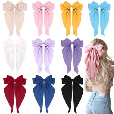 10 PCS Large Hair Ribbon Barrettes with Long Tails for Women &amp; Girls, TOKUFAGU Vintage French Hair Accessories - Bow Clips in 10 Colors (Set A)