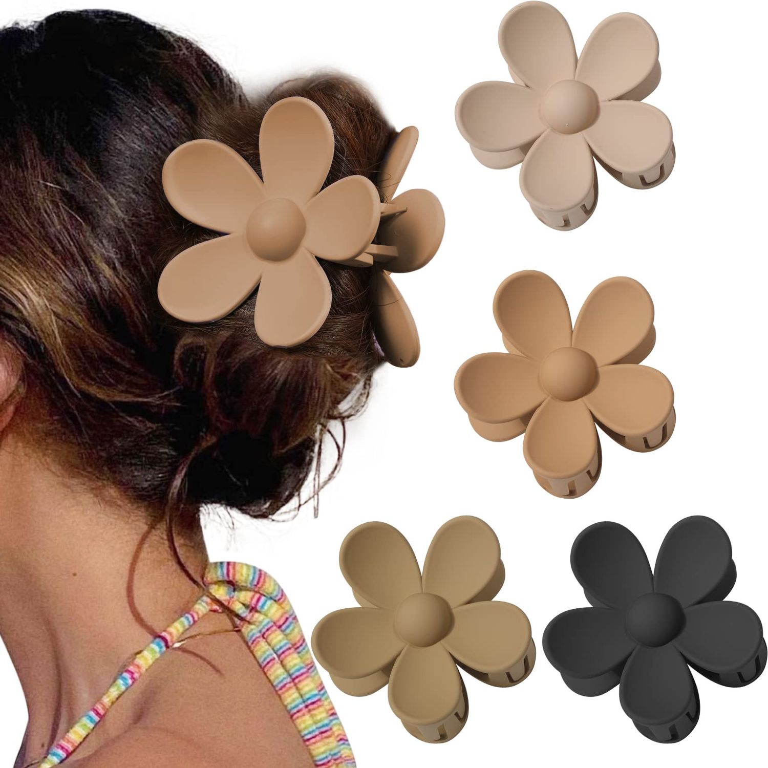 Cute Hair Claw Clips Set - 4Pcs Nonslip Strong Hold 3 Inch Matte Small Flower Clips for Women and Girls (Beige, Khaki, Brown, Black)