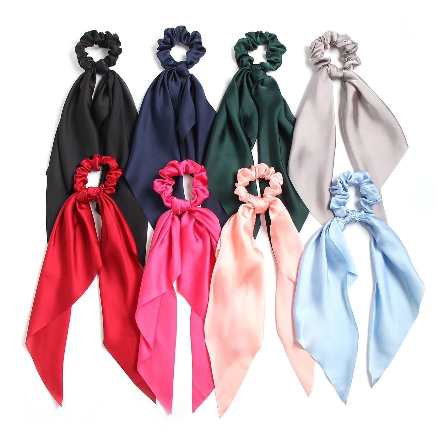 SUSULU Hair Scarf Scrunchies for Women - Satin Hair Ties Plain Hair Bobbles Solid Color Fabric Scrunchy Elastic Hair Ties with Bow Ponytail Holders Hair Accessories Pack of 8pcs