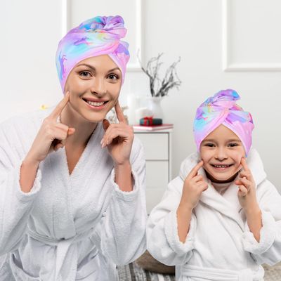 Basumee Microfiber Hair Towel Wrap for Kids 2 Pack Rapid Drying Hair Towel with Button Hair Turbans for Wet Hair Wraps Head Towel Wrap for Women and Girls, Colorful Unicorn