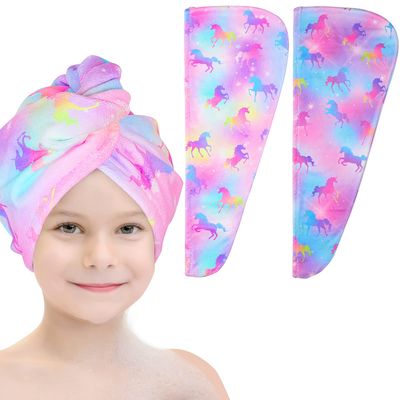 Basumee Microfiber Hair Towel Wrap for Kids 2 Pack Rapid Drying Hair Towel with Button Hair Turbans for Wet Hair Wraps Head Towel Wrap for Women and Girls, Colorful Unicorn
