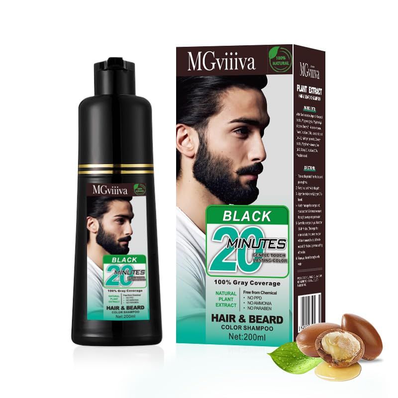 Black Beard Dye Shampoo for Men, Herbal Grey Reducing Mens Black Beard Mustache Color Shampoo 3 in 1 Simpler, Easy Application Natural Effect Safe &amp; Gentle, 200ML