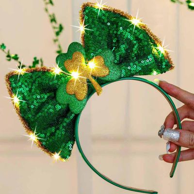 Aceorna Light Up St Patrick&#39;s Day Bow Headbands Led Clover Hairband Green Irish Headpiece for Women