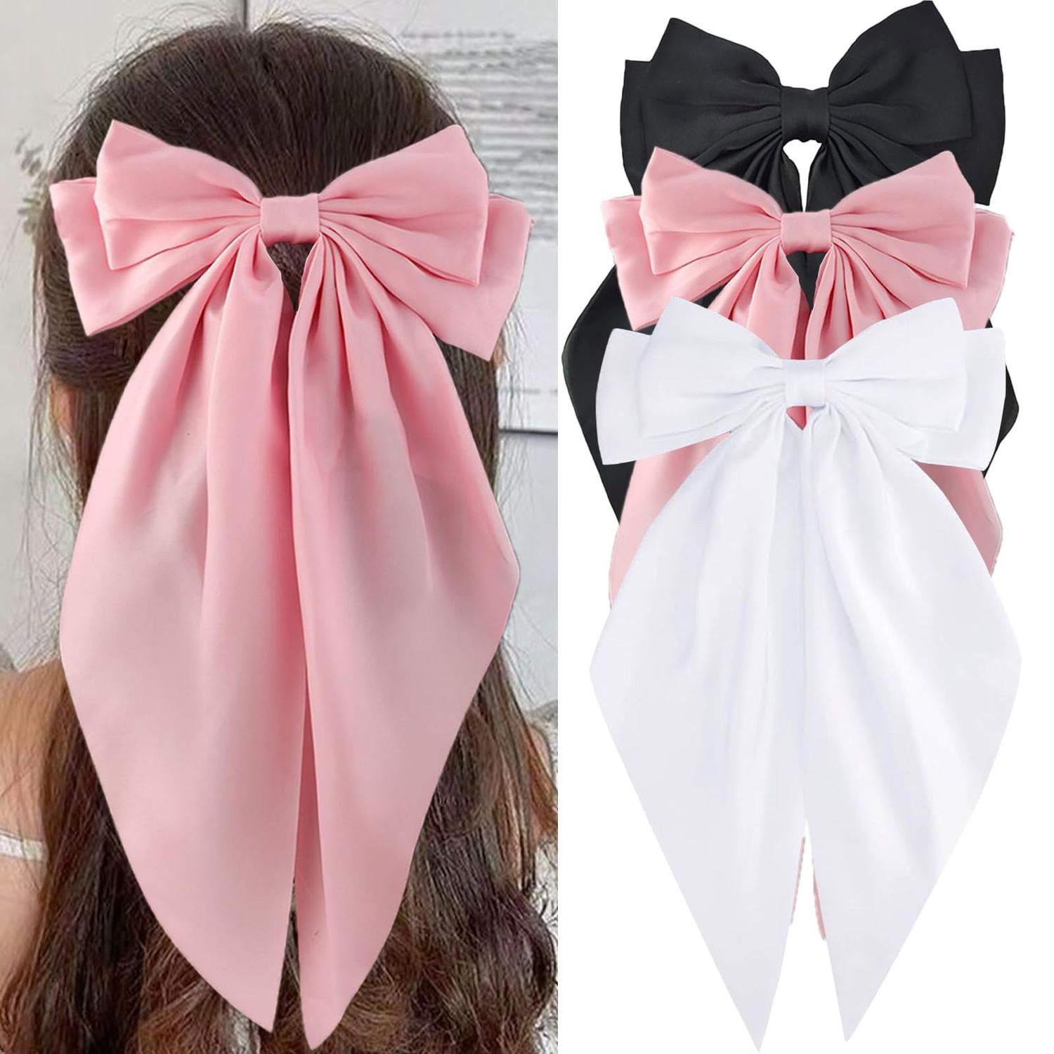 3PCS Hair Bows for Women, Big Bow Hair Clips with Long Tail, Silky Satin Over sized Bow Claw Clips, Large Hair Barrettes, Cute Hair Accessories for Women