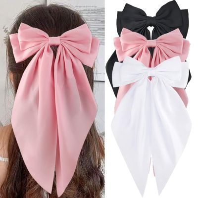 3PCS Hair Bows for Women, Big Bow Hair Clips with Long Tail, Silky Satin Over sized Bow Claw Clips, Large Hair Barrettes, Cute Hair Accessories for Women