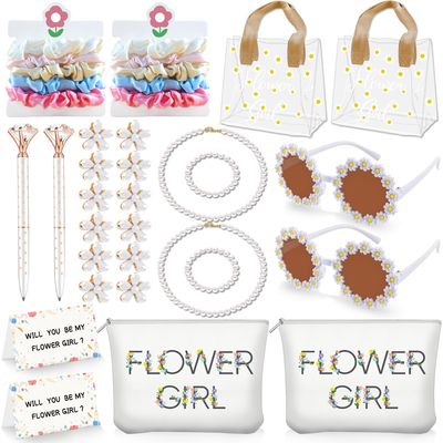 28Pcs Flower Girl Proposal Gift Set Flower Girl Bag Set of 2 Including Round Flower Sunglasses Canvas Bag Pearl Neckalce Bracelet Hair Accessories Satin Scunchies Diamond Pen for Wedding Bridal Shower
