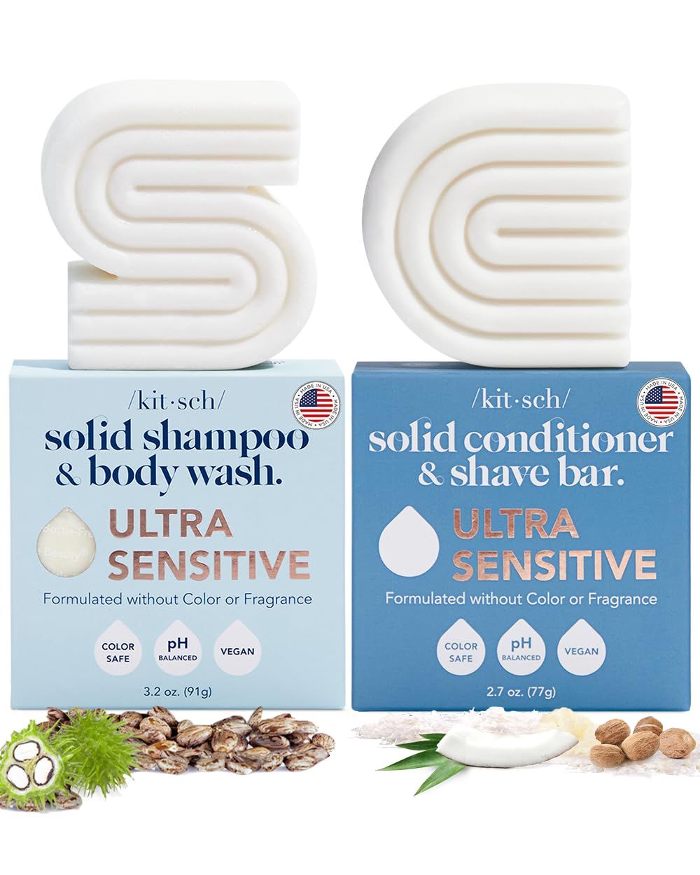 Kitsch 2-in-1 Ultra Sensitive Shampoo &amp; Body Wash for Sensitive Scalp &amp; Skin &amp; 2-in-1 Conditioner &amp; Shave Bar for Hair &amp; Body, Made in US, Vegan Soap Bar, Scent Free &amp; Paraben Free