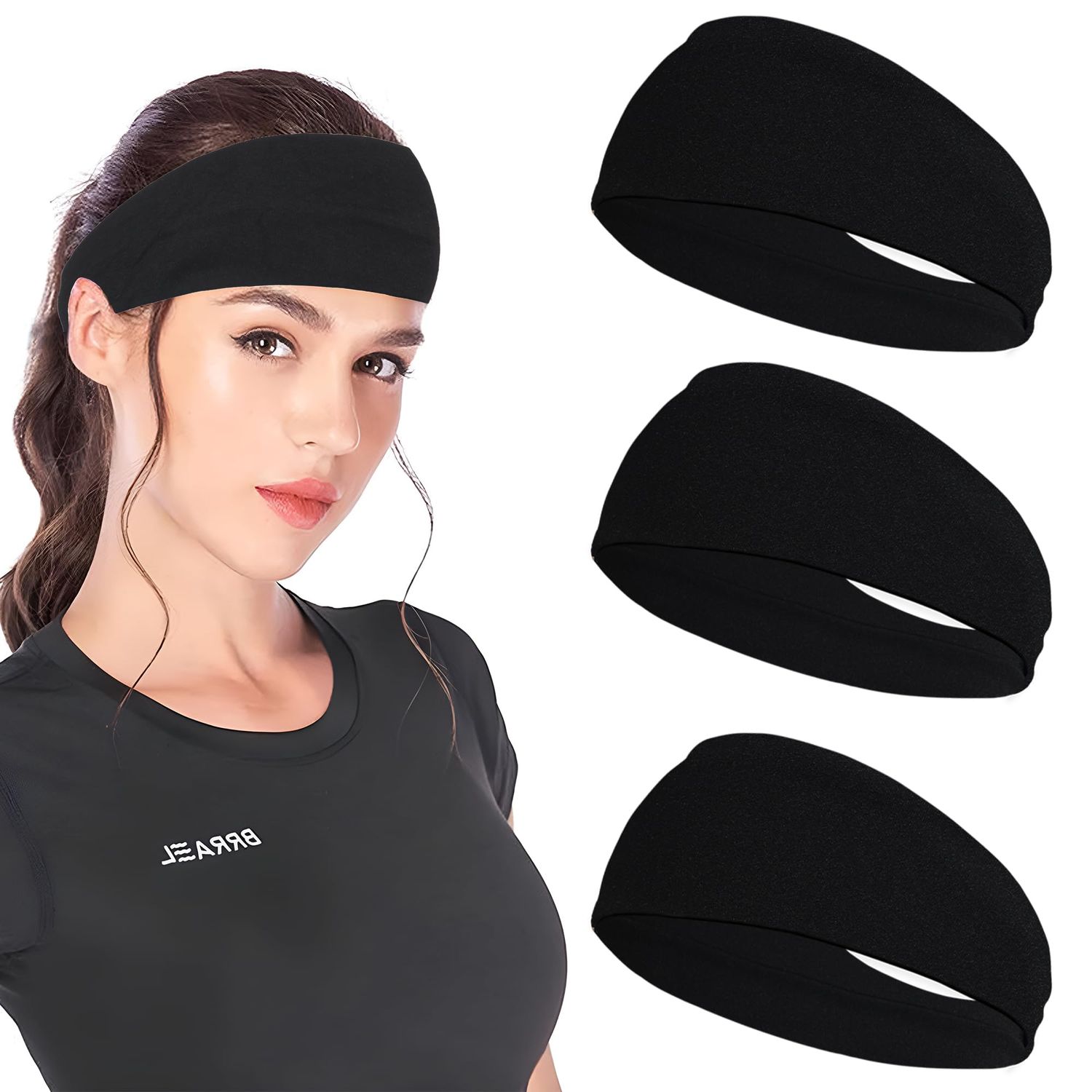 JOYOYO 3 Pack 9cm Unisex Headbands for Women&#39;s Hair Soft Stretchy Fabric Kylie Head Band Bandeaux Hair Accessories for Workout Gym Yoga Hair Band(Black)