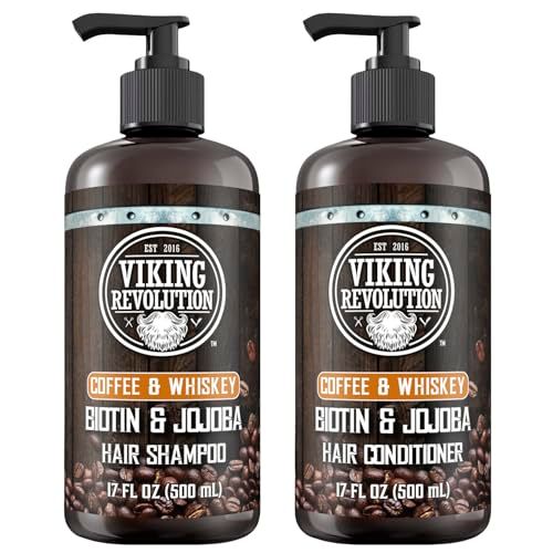 Viking Revolution Coffee Whiskey Mens Shampoo and Conditioner Set with Biotin and Jojoba Oil - Natural Hair Shampoo and Hair Conditioner for Men with Vitamin B5- Shampoo and Conditioner Set Men (17Oz)