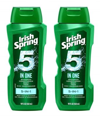 Irish Spring 5-in-1 Shampoo, Conditioner, Body Wash, Face Wash and Deodorizer, 18 oz (Pack of 2)