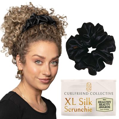 Curlfriend Collective Scrunchies for Women, Extra Large Silk Scrunchies for Curly Hair, Silk Hair Ties No Damage, Hair Scrunchies for Thick Hair, Hair Accessories, Ponytail Holders - Black, XL