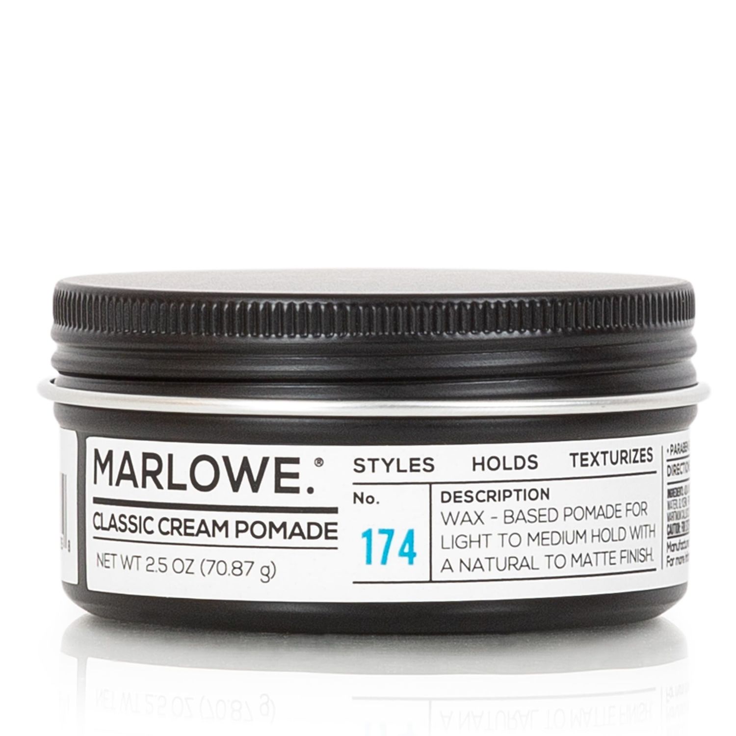 MARLOWE. No. 174 Classic Cream Pomade for Men 2.5 oz, Wax-Based Light to Medium Hold, Natural to Matte Finish, Conditioning Coconut Oil &amp; Shea Butter, Original Pine &amp; Agarwood Scent