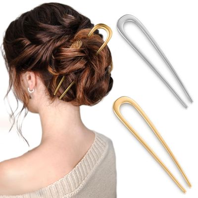 2Pcs French Pins Hair for Coiffure, 5.5 Inch Metal U-Shaped Hair Clip for Long Thick Hair, Vintage French Twist Hair Pin for Women Girls (Gold,Sliver)